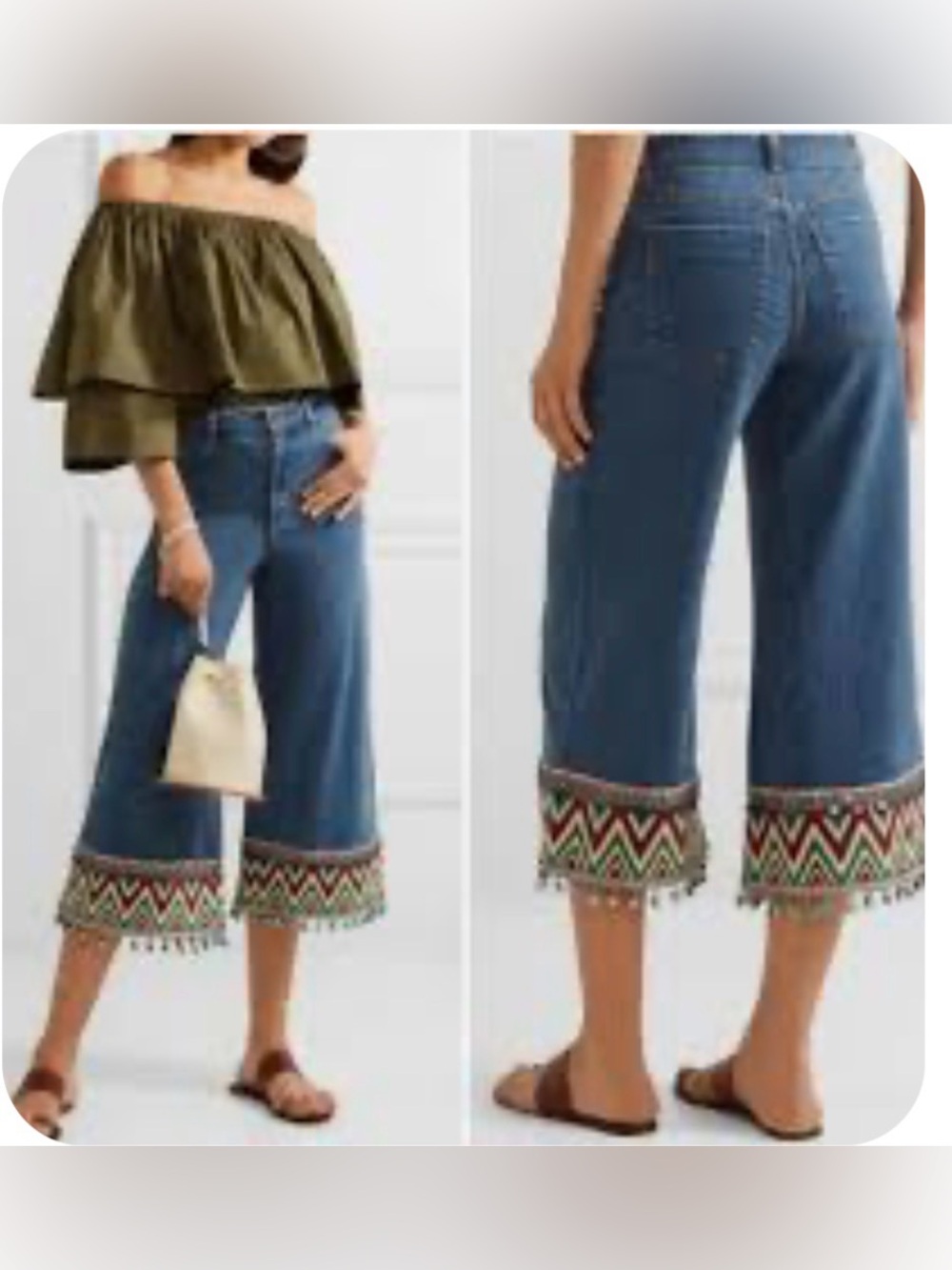 Alice & Olivia, Beta Embroidered PomPom Hem Wide Leg Crop Jean
Boho Jeans